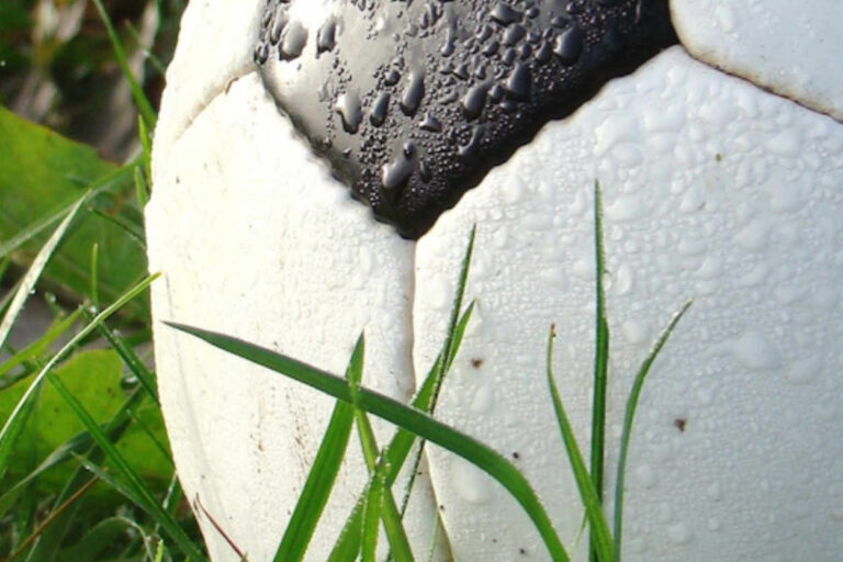 Nahaufnahme eines schwarz, weißen und nassen Fußballs der im nassen Rasen liegt.