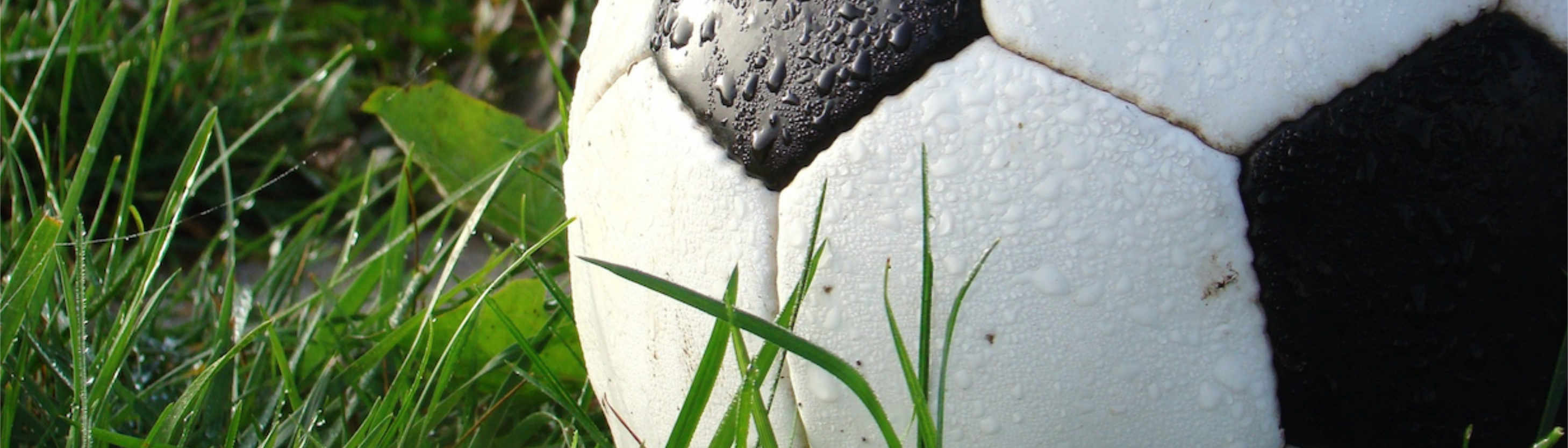 Nahaufnahme eines schwarz, weißen und nassen Fußballs der im nassen Rasen liegt.