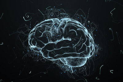 Abstrakter Hintergrund mit Gehirn, das Partikeln mit verdrehten Spuren umgeben.