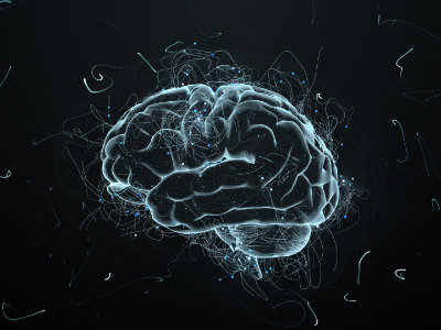 Abstrakter Hintergrund mit Gehirn, das Partikeln mit verdrehten Spuren umgeben.