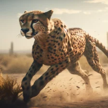 Ein großer Gepard rennt durch die Wüste und wirbelt Staub auf