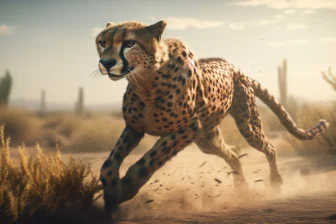 Ein großer Gepard rennt durch die Wüste und wirbelt Staub auf