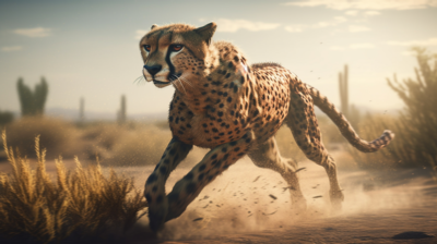 Ein großer Gepard rennt durch die Wüste und wirbelt Staub auf