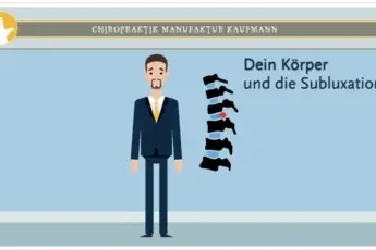 Mann im Comicstil vor einem blauen Hintergrund. Neben ihm ein Ausschnitt von der Wirbelsäule.