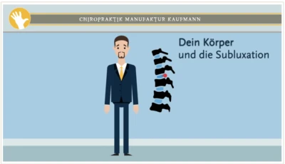 Mann im Comicstil vor einem blauen Hintergrund. Neben ihm ein Ausschnitt von der Wirbelsäule.