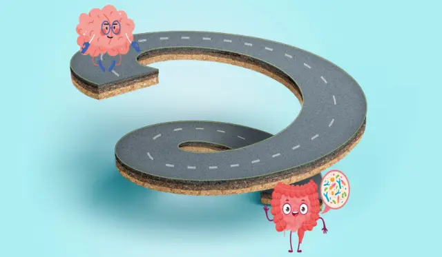 Ein Cartoonbild auf dem eine Straße vom Gehirn zum Darm führt