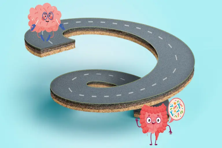 Ein Cartoonbild auf dem eine Straße vom Gehirn zum Darm führt