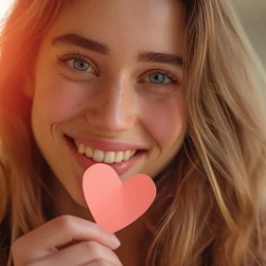 Ein Mädchen, das ein ausgeschnittenes Papierherz hält und den Betrachter anlächelt.