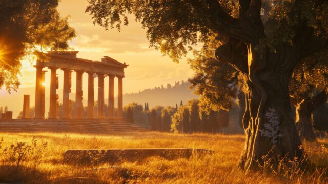 Antiker, zerfallener, griechischer Tempel und ein großer knorriger Baum