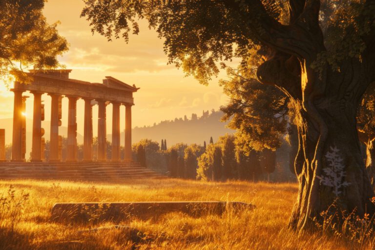 Antiker, zerfallener, griechischer Tempel und ein großer knorriger Baum