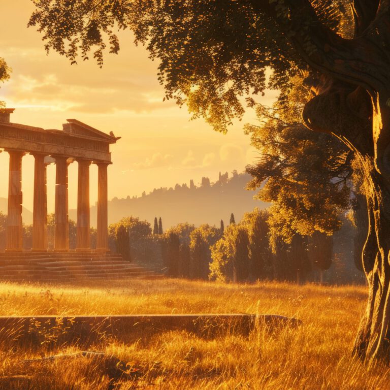 Antiker, zerfallener, griechischer Tempel und ein großer knorriger Baum