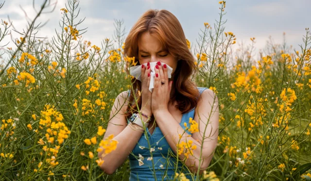 Heuschnupfen_2400x1400 Eine junge Frau steht in einem Blumenfeld und putzt sich die Nase.